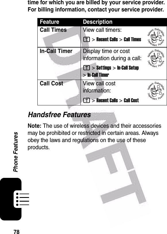  78Phone Featurestime for which you are billed by your service provider. For billing information, contact your service provider.Handsfree FeaturesNote: The use of wireless devices and their accessories may be prohibited or restricted in certain areas. Always obey the laws and regulations on the use of these products. Feature DescriptionCall TimesView call timers:M &gt;Recent Calls &gt;Call TimesIn-Call TimerDisplay time or cost information during a call:M &gt;Settings &gt;In-Call Setup &gt;In-Call TimerCall CostView call cost information:M &gt;Recent Calls &gt;Call Cost032380o032380o032380o