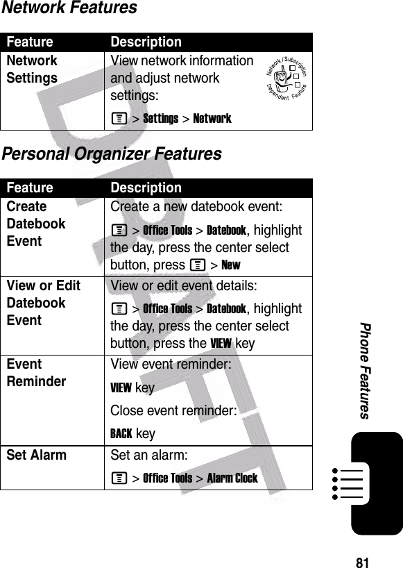  81Phone FeaturesNetwork FeaturesPersonal Organizer FeaturesFeature DescriptionNetwork Settings View network information and adjust network settings:M &gt;Settings &gt;NetworkFeature DescriptionCreate Datebook Event Create a new datebook event:M &gt;Office Tools &gt;Datebook, highlight the day, press the center select button, press M &gt;NewView or Edit Datebook EventView or edit event details:M &gt;Office Tools &gt;Datebook, highlight the day, press the center select button, press the VIEWkeyEvent Reminder View event reminder:VIEWkeyClose event reminder:BACKkeySet AlarmSet an alarm:M &gt;Office Tools &gt;Alarm Clock032380o