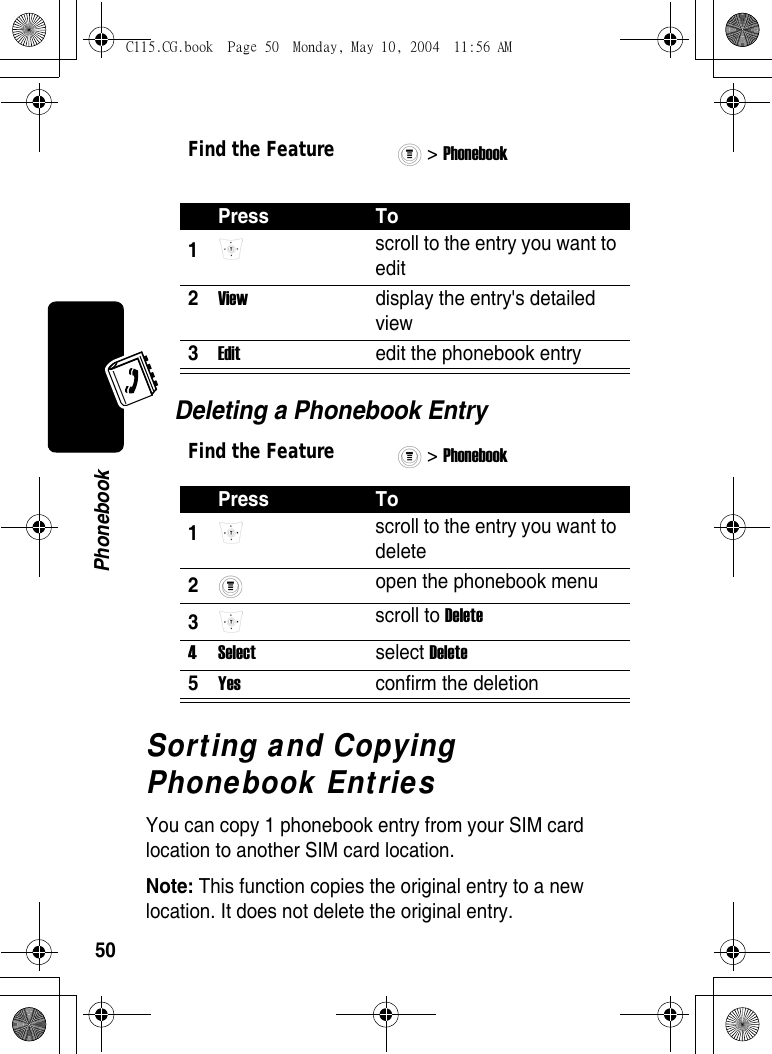 50PhonebookDeleting a Phonebook EntrySorting and Copying Phonebook EntriesYou can copy 1 phonebook entry from your SIM card location to another SIM card location.Note: This function copies the original entry to a new location. It does not delete the original entry.Find the Feature&gt; Phonebook Press To1 scroll to the entry you want to edit 2View  display the entry&apos;s detailed view 3Edit  edit the phonebook entry Find the Feature&gt; Phonebook Press To1 scroll to the entry you want to delete 2 open the phonebook menu 3 scroll to Delete 4Select select Delete 5Yes  confirm the deletion C115.CG.book  Page 50  Monday, May 10, 2004  11:56 AM