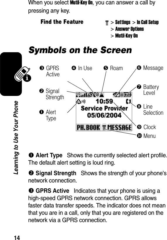  14Learning to Use Your PhoneWhen you select Mutil-Key On, you can answer a call by pressing any key. Symbols on the Screenn Alert Type   Shows the currently selected alert profile. The default alert setting is loud ring. o Signal Strength   Shows the strength of your phone&apos;s network connection.p GPRS Active   Indicates that your phone is using a high-speed GPRS network connection. GPRS allows faster data transfer speeds. The indicator does not mean that you are in a call, only that you are registered on the network via a GPRS connection.Find the Feature&gt; Settings &gt; In Call Setup &gt; Answer Options &gt; Mutil-Key On oSignal Strength qIn Use ]Message rRoam aMenu ^Battery Level `ClocknAlert Type _Line Selection pGPRS Active 