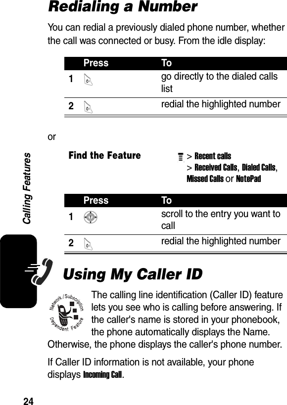  24Calling FeaturesRedialing a NumberYou can redial a previously dialed phone number, whether the call was connected or busy. From the idle display:orUsing My Caller IDThe calling line identification (Caller ID) feature lets you see who is calling before answering. If the caller&apos;s name is stored in your phonebook, the phone automatically displays the Name. Otherwise, the phone displays the caller&apos;s phone number.If Caller ID information is not available, your phone displays Incoming Call.Press To1 go directly to the dialed calls list 2 redial the highlighted number Find the Feature &gt; Recent calls &gt; Received Calls, Dialed Calls, Missed Calls or NotePad Press To1scroll to the entry you want to call 2 redial the highlighted number 