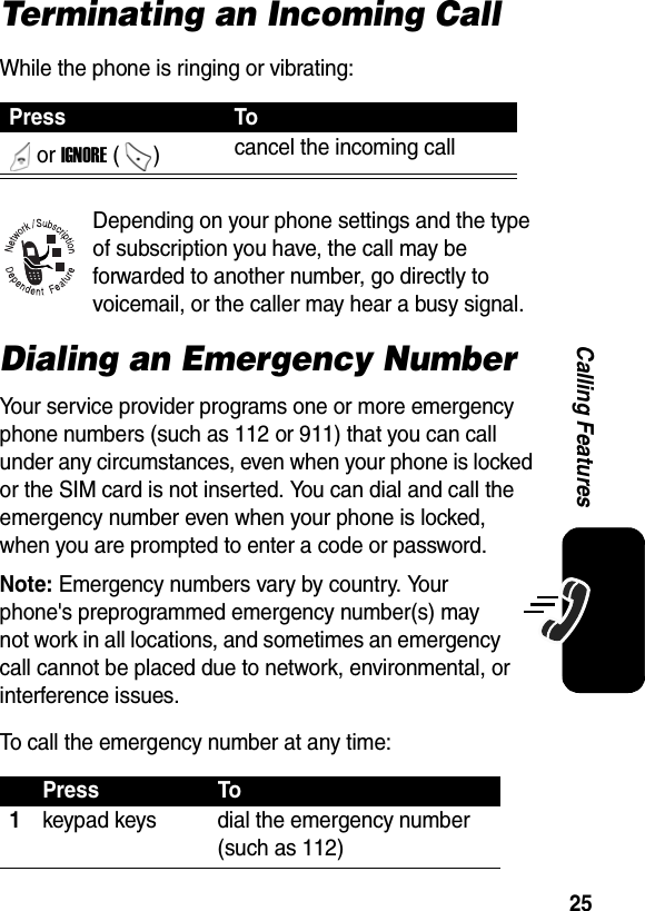  25Calling FeaturesTerminating an Incoming CallWhile the phone is ringing or vibrating:Depending on your phone settings and the type of subscription you have, the call may be forwarded to another number, go directly to voicemail, or the caller may hear a busy signal.Dialing an Emergency NumberYour service provider programs one or more emergency phone numbers (such as 112 or 911) that you can call under any circumstances, even when your phone is locked or the SIM card is not inserted. You can dial and call the emergency number even when your phone is locked, when you are prompted to enter a code or password. Note: Emergency numbers vary by country. Your phone&apos;s preprogrammed emergency number(s) may not work in all locations, and sometimes an emergency call cannot be placed due to network, environmental, or interference issues. To call the emergency number at any time:Press To or IGNORE ()  cancel the incoming call Press To1keypad keys  dial the emergency number (such as 112) 