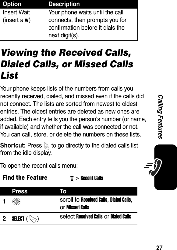  27Calling FeaturesViewing the Received Calls, Dialed Calls, or Missed Calls ListYour phone keeps lists of the numbers from calls you recently received, dialed, and missed even if the calls did not connect. The lists are sorted from newest to oldest entries. The oldest entries are deleted as new ones are added. Each entry tells you the person&apos;s number (or name, if available) and whether the call was connected or not. You can call, store, or delete the numbers on these lists.Shortcut: Press   to go directly to the dialed calls list from the idle display.To open the recent calls menu:Insert Wait (insert a w) Your phone waits until the call connects, then prompts you for confirmation before it dials the next digit(s). Find the Feature&gt; Recent Calls Press To1scroll to Received Calls, Dialed Calls, or Missed Calls 2SELECT ()  select Received Calls or Dialed Calls Option Description