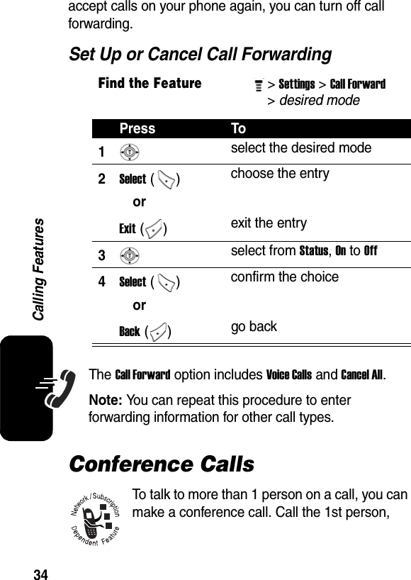  34Calling Featuresaccept calls on your phone again, you can turn off call forwarding.Set Up or Cancel Call ForwardingThe Call Forward option includes Voice Calls and Cancel All.Note: You can repeat this procedure to enter forwarding information for other call types.Conference CallsTo talk to more than 1 person on a call, you can make a conference call. Call the 1st person, Find the Feature&gt; Settings&gt; Call Forward &gt; desired mode Press To1select the desired mode 2Select () choose the entry orExit () exit the entry3select from Status, On to Off 4Select () confirm the choiceorBack () go back