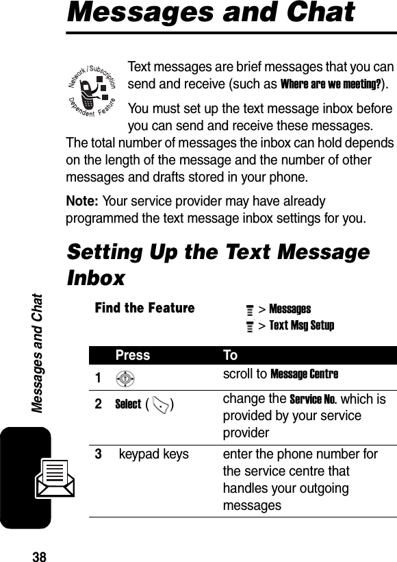  38Messages and ChatMessages and ChatText messages are brief messages that you can send and receive (such as Where are we meeting?).You must set up the text message inbox before you can send and receive these messages. The total number of messages the inbox can hold depends on the length of the message and the number of other messages and drafts stored in your phone.Note: Your service provider may have already programmed the text message inbox settings for you.Setting Up the Text Message InboxFind the Feature&gt; Messages &gt; Text Msg Setup Press To1 scroll to Message Centre 2Select ()  change the Service No. which is provided by your service provider 3 keypad keys  enter the phone number for the service centre that handles your outgoing messages 