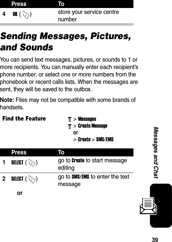  39Messages and ChatSending Messages, Pictures, and SoundsYou can send text messages, pictures, or sounds to 1 or more recipients. You can manually enter each recipient’s phone number, or select one or more numbers from the phonebook or recent calls lists. When the messages are sent, they will be saved to the outbox. Note: Files may not be compatible with some brands of handsets.4 OK ()  store your service centre number Find the Feature&gt; Messages &gt; Create Message or&gt; Create&gt; SMS/EMS Press To1SELECT ()  go to Create to start message editing 2SELECT ()  go to SMS/EMS to enter the text messageorPress To