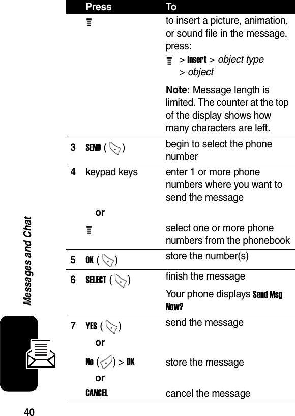  40Messages and Chat to insert a picture, animation, or sound file in the message, press: &gt; Insert&gt; object type &gt; object Note: Message length is limited. The counter at the top of the display shows how many characters are left.3SEND ()  begin to select the phone number 4keypad keys enter 1 or more phone numbers where you want to send the messageor select one or more phone numbers from the phonebook5OK ()  store the number(s) 6SELECT ()  finish the message Your phone displays Send Msg Now? 7YES () send the message or No () &gt; OKstore the message orCANCELcancel the messagePress To