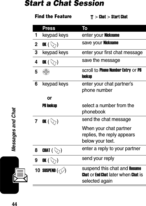  44Messages and ChatStart a Chat SessionFind the Feature&gt; Chat&gt; Start Chat Press To1keypad keys  enter your Nickname 2OK ()  save your Nickname 3keypad keys  enter your first chat message 4OK ()  save the message5 scroll to Phone Number Entry or PB lookup 6keypad keys enter your chat partner’s phone numberor PB lookup  select a number from the phonebook 7OK ()  send the chat messageWhen your chat partner replies, the reply appears below your text.8CHAT ()  enter a reply to your partner9OK ()  send your reply 10SUSPEND ()  suspend this chat and Resume Chat or End Chat later when Chat is selected again 