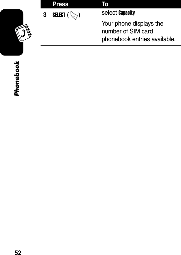 52Phonebook3SELECT ()  select Capacity Your phone displays the number of SIM card phonebook entries available.Press To