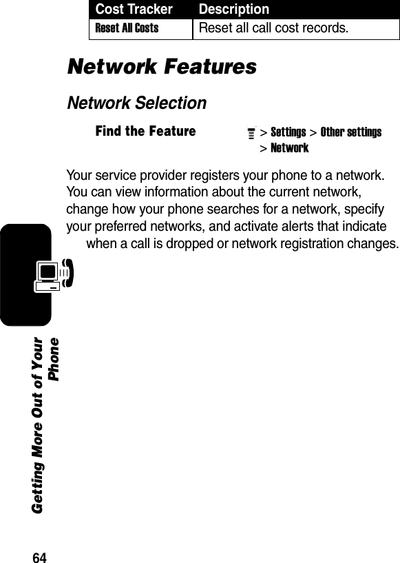 64Getting More Out of YourPhoneNetwork FeaturesNetwork SelectionYour service provider registers your phone to a network. You can view information about the current network, change how your phone searches for a network, specify your preferred networks, and activate alerts that indicate when a call is dropped or network registration changes.Reset All CostsReset all call cost records.Find the Feature&gt; Settings&gt; Other settings &gt; Network Cost Tracker Description