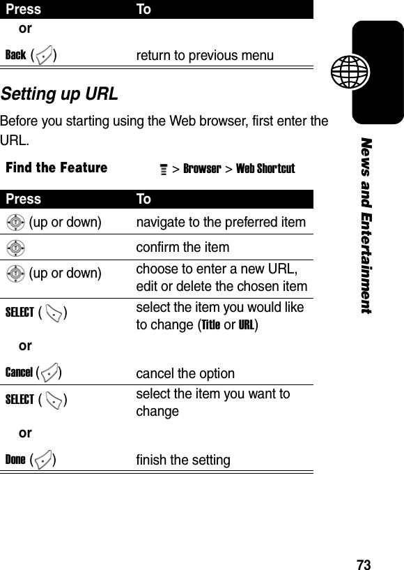 73News and EntertainmentSetting up URLBefore you starting using the Web browser, first enter the URL. orBack ()  return to previous menuFind the Feature&gt; Browser&gt; Web ShortcutPress To (up or down) navigate to the preferred itemconfirm the item (up or down) choose to enter a new URL, edit or delete the chosen itemSELECT ()  select the item you would like to change (Title or URL)orCancel ()  cancel the optionSELECT ()  select the item you want to changeorDone ()  finish the settingPress To