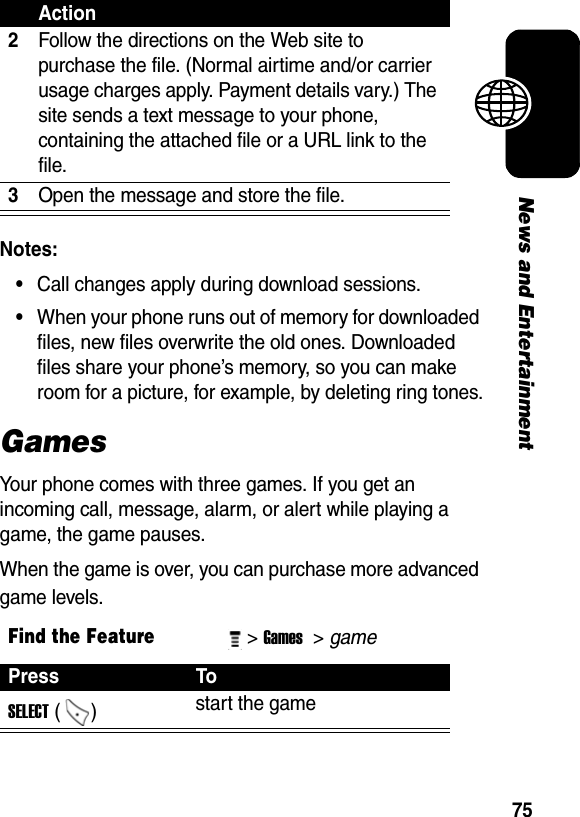 75News and EntertainmentNotes: •Call changes apply during download sessions.•When your phone runs out of memory for downloaded files, new files overwrite the old ones. Downloaded files share your phone’s memory, so you can make room for a picture, for example, by deleting ring tones.GamesYour phone comes with three games. If you get an incoming call, message, alarm, or alert while playing a game, the game pauses.When the game is over, you can purchase more advanced game levels.2Follow the directions on the Web site to purchase the file. (Normal airtime and/or carrier usage charges apply. Payment details vary.) The site sends a text message to your phone, containing the attached file or a URL link to the file.3Open the message and store the file.Find the Feature&gt; Games &gt; game Press ToSELECT ()  start the game Action