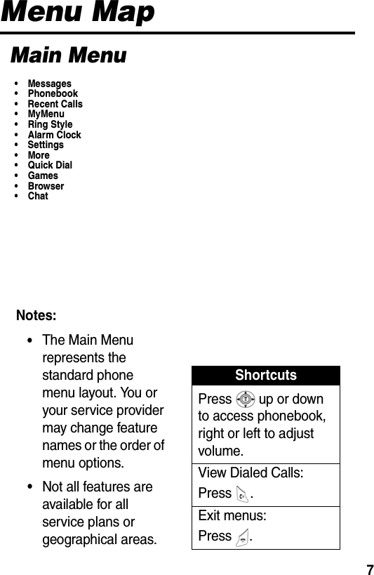  7Menu Map Main Menu• Messages• Phonebook• Recent Calls• MyMenu• Ring Style•Alarm Clock• Settings•More•Quick Dial• Games• Browser•ChatNotes: •The Main Menu represents the standard phone menu layout. You or your service provider may change feature names or the order of menu options.•Not all features are available for all service plans or geographical areas.ShortcutsPress   up or down to access phonebook, right or left to adjust volume. View Dialed Calls:Press . Exit menus:Press . 