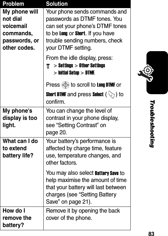 83TroubleshootingMy phone will not dial voicemail commands, passwords, or other codes. Your phone sends commands and passwords as DTMF tones. You can set your phone’s DTMF tones to be Long or Short. If you have trouble sending numbers, check your DTMF setting.From the idle display, press: &gt; Settings&gt; Other Settings &gt; Initial Setup&gt; DTMF.Press   to scroll to Long DTMF or Short DTMF and press Select () to confirm. My phone&apos;s display is too light. You can change the level of contrast in your phone display, see “Setting Contrast” on page 20. What can I do to extend battery life? Your battery’s performance is affected by charge time, feature use, temperature changes, and other factors. You may also select Battery Save to help maximise the amount of time that your battery will last between charges (see “Setting Battery Save” on page 21). How do I remove the battery? Remove it by opening the back cover of the phone. Problem Solution