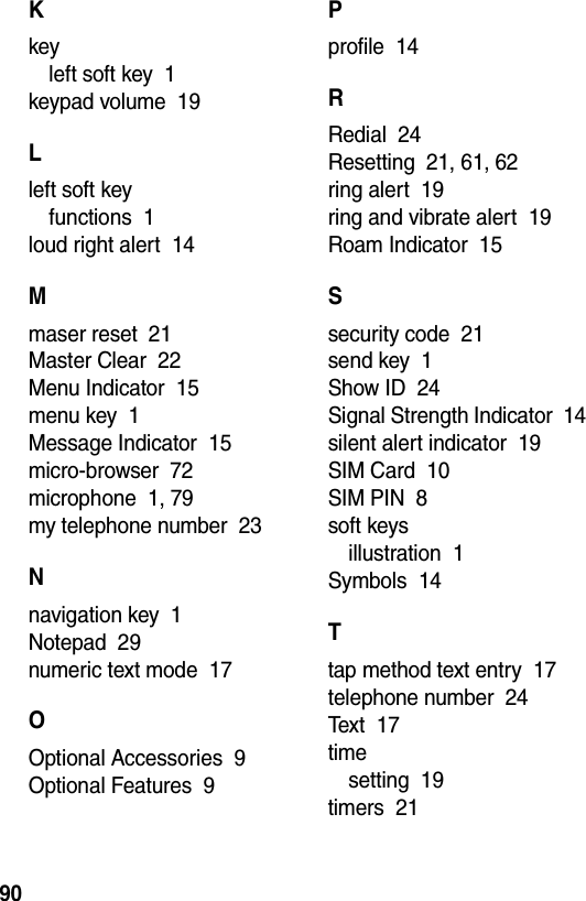  90Kkeyleft soft key  1keypad volume  19Lleft soft keyfunctions  1loud right alert  14Mmaser reset  21Master Clear  22Menu Indicator  15menu key  1Message Indicator  15micro-browser  72microphone  1, 79my telephone number  23Nnavigation key  1Notepad  29numeric text mode  17OOptional Accessories  9Optional Features  9Pprofile  14RRedial  24Resetting  21, 61, 62ring alert  19ring and vibrate alert  19Roam Indicator  15Ssecurity code  21send key  1Show ID  24Signal Strength Indicator  14silent alert indicator  19SIM Card  10SIM PIN  8soft keysillustration  1Symbols  14Ttap method text entry  17telephone number  24Text  17timesetting  19timers  21