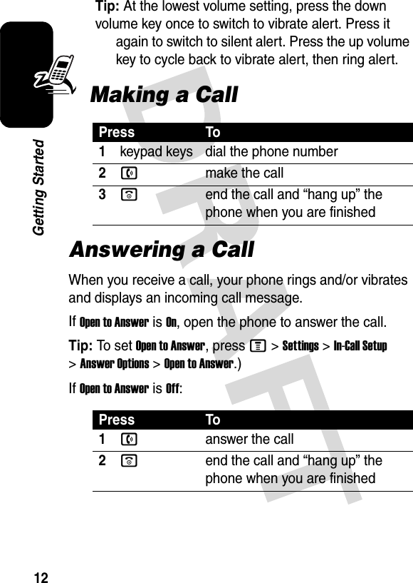 12Getting StartedTip: At the lowest volume setting, press the down volume key once to switch to vibrate alert. Press it again to switch to silent alert. Press the up volume key to cycle back to vibrate alert, then ring alert.Making a CallAnswering a CallWhen you receive a call, your phone rings and/or vibrates and displays an incoming call message.If Open to Answer is On, open the phone to answer the call.Tip: To set Open to Answer, press M &gt;Settings &gt;In-Call Setup &gt;Answer Options &gt;Open to Answer.)If Open to Answer is Off:Press To1keypad keys dial the phone number2nmake the call3oend the call and “hang up” the phone when you are finishedPress To1nanswer the call2oend the call and “hang up” the phone when you are finished