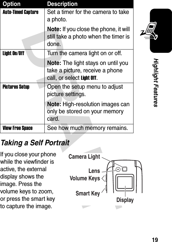 19Highlight FeaturesTaking a Self PortraitIf you close your phone while the viewfinder is active, the external display shows the image. Press the volume keys to zoom, or press the smart key to capture the image.Auto-Timed CaptureSet a timer for the camera to take a photo.Note: If you close the phone, it will still take a photo when the timer is done.Light On/OffTurn the camera light on or off.Note: The light stays on until you take a picture, receive a phone call, or select Light Off.Pictures SetupOpen the setup menu to adjust picture settings.Note: High-resolution images can only be stored on your memory card.View Free SpaceSee how much memory remains.Option DescriptionVolume KeysSmart KeyLensCamera LightDisplay