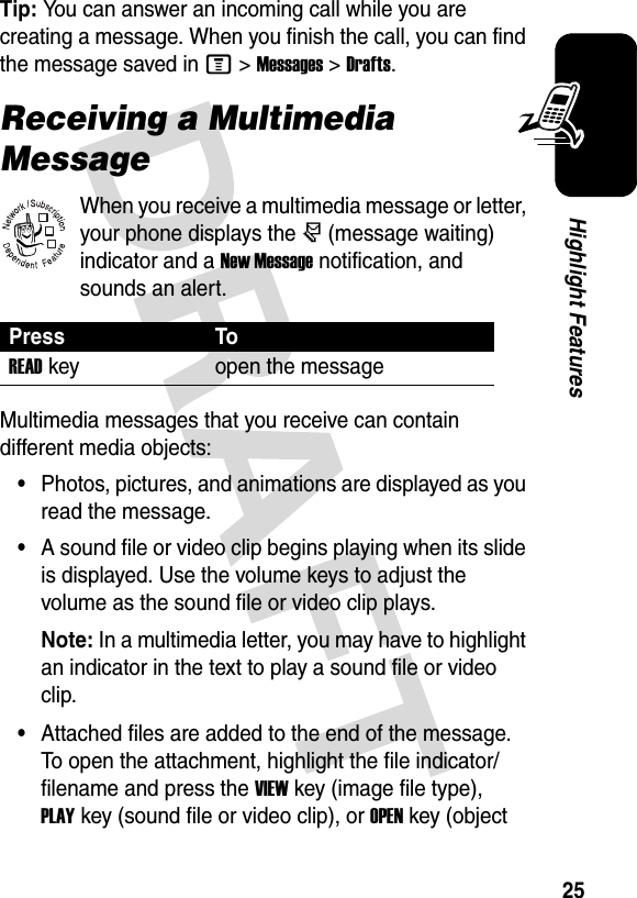 25Highlight FeaturesTip: You can answer an incoming call while you are creating a message. When you finish the call, you can find the message saved in M &gt;Messages &gt;Drafts. Receiving a Multimedia MessageWhen you receive a multimedia message or letter, your phone displays the r (message waiting) indicator and a New Message notification, and sounds an alert.Multimedia messages that you receive can contain different media objects:•Photos, pictures, and animations are displayed as you read the message.•A sound file or video clip begins playing when its slide is displayed. Use the volume keys to adjust the volume as the sound file or video clip plays.Note: In a multimedia letter, you may have to highlight an indicator in the text to play a sound file or video clip.•Attached files are added to the end of the message. To open the attachment, highlight the file indicator/filename and press the VIEWkey (image file type), PLAYkey (sound file or video clip), or OPENkey (object Press ToREADkey open the message032380o