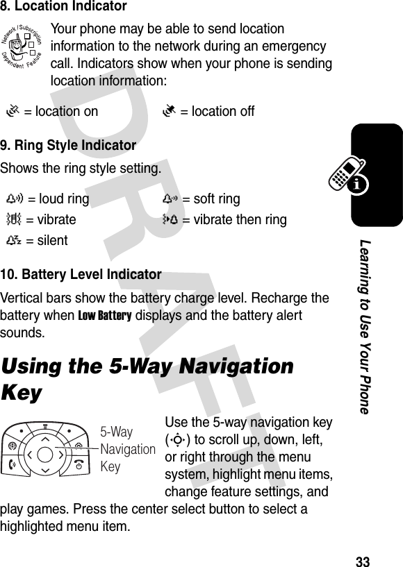 33Learning to Use Your Phone8. Location IndicatorYour phone may be able to send location information to the network during an emergency call. Indicators show when your phone is sending location information:9. Ring Style IndicatorShows the ring style setting.10. Battery Level IndicatorVertical bars show the battery charge level. Recharge the battery when Low Battery displays and the battery alert sounds.Using the 5-Way Navigation KeyUse the 5-way navigation key (S) to scroll up, down, left, or right through the menu system, highlight menu items, change feature settings, and play games. Press the center select button to select a highlighted menu item.Ö= location onÑ= location offy= loud ringz= soft ring|= vibrate}= vibrate then ring{= silent 032380o5-WayNavigationKey