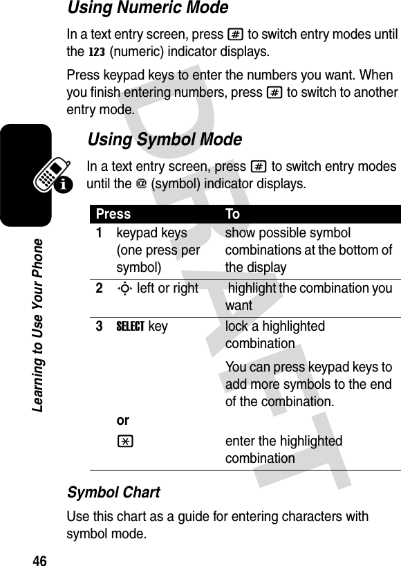 46Learning to Use Your PhoneUsing Numeric ModeIn a text entry screen, press # to switch entry modes until the W (numeric) indicator displays.Press keypad keys to enter the numbers you want. When you finish entering numbers, press # to switch to another entry mode.Using Symbol ModeIn a text entry screen, press # to switch entry modes until the [ (symbol) indicator displays.Symbol ChartUse this chart as a guide for entering characters with symbol mode.Press To1keypad keys (one press per symbol)show possible symbol combinations at the bottom of the display2S left or right  highlight the combination you want3SELECTkeyorlock a highlighted combinationYou can press keypad keys to add more symbols to the end of the combination.*enter the highlighted combination