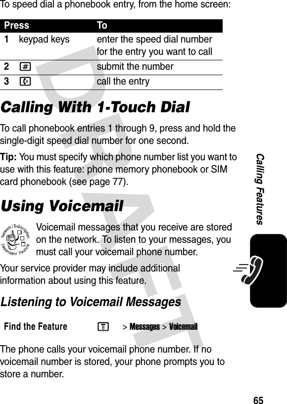 65Calling FeaturesTo speed dial a phonebook entry, from the home screen:Calling With 1-Touch DialTo call phonebook entries 1 through 9, press and hold the single-digit speed dial number for one second.Tip: You must specify which phone number list you want to use with this feature: phone memory phonebook or SIM card phonebook (see page 77).Using VoicemailVoicemail messages that you receive are stored on the network. To listen to your messages, you must call your voicemail phone number.Your service provider may include additional information about using this feature.Listening to Voicemail MessagesThe phone calls your voicemail phone number. If no voicemail number is stored, your phone prompts you to store a number.Press To1keypad keys enter the speed dial number for the entry you want to call2#submit the number3ncall the entryFind the FeatureM&gt;Messages &gt;Voicemail032380o