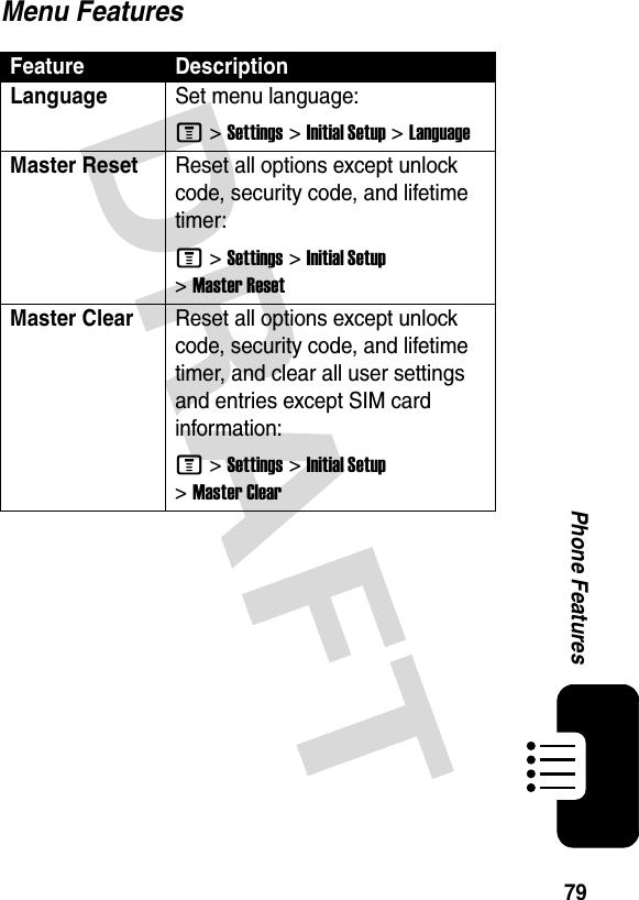 79Phone FeaturesMenu FeaturesFeature DescriptionLanguageSet menu language:M &gt;Settings &gt;Initial Setup &gt;LanguageMaster ResetReset all options except unlock code, security code, and lifetime timer:M &gt;Settings &gt;Initial Setup &gt;Master ResetMaster Clear Reset all options except unlock code, security code, and lifetime timer, and clear all user settings and entries except SIM card information:M &gt;Settings &gt;Initial Setup &gt;Master Clear