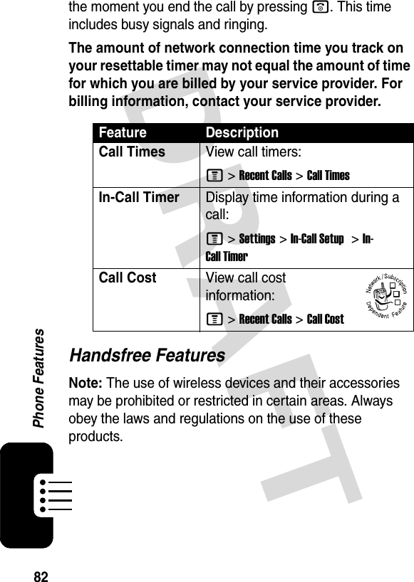 82Phone Featuresthe moment you end the call by pressing o. This time includes busy signals and ringing.The amount of network connection time you track on your resettable timer may not equal the amount of time for which you are billed by your service provider. For billing information, contact your service provider.Handsfree FeaturesNote: The use of wireless devices and their accessories may be prohibited or restricted in certain areas. Always obey the laws and regulations on the use of these products. Feature DescriptionCall TimesView call timers:M &gt;Recent Calls &gt;Call TimesIn-Call TimerDisplay time information during a call:M &gt;Settings &gt;In-Call Setup  &gt;In-Call TimerCall CostView call cost information:M &gt;Recent Calls &gt;Call Cost032380o