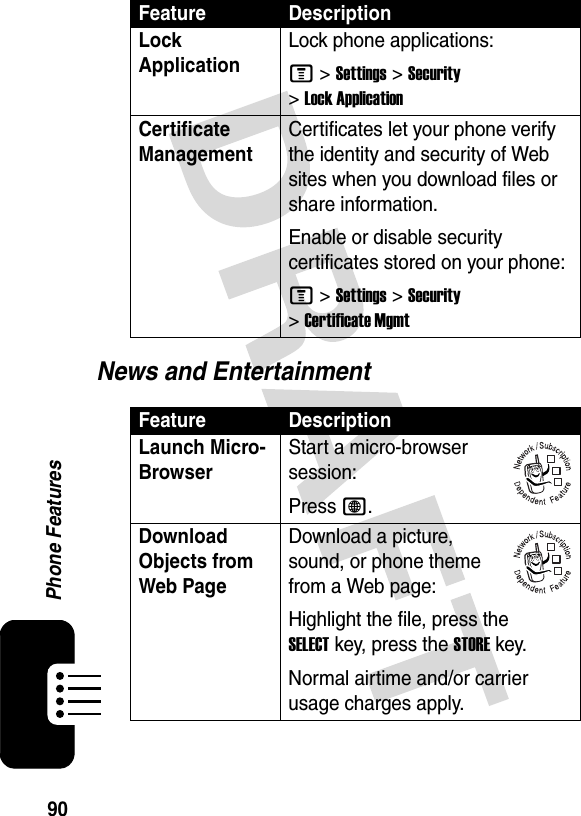 90Phone FeaturesNews and EntertainmentLock ApplicationLock phone applications:M &gt;Settings &gt;Security &gt;Lock ApplicationCertificate ManagementCertificates let your phone verify the identity and security of Web sites when you download files or share information.Enable or disable security certificates stored on your phone:M &gt;Settings &gt;Security &gt;Certificate MgmtFeature DescriptionLaunch Micro-BrowserStart a micro-browser session:Press L.Download Objects from Web Page Download a picture, sound, or phone theme from a Web page:Highlight the file, press the SELECTkey, press the STOREkey.Normal airtime and/or carrier usage charges apply.Feature Description032380o032380o