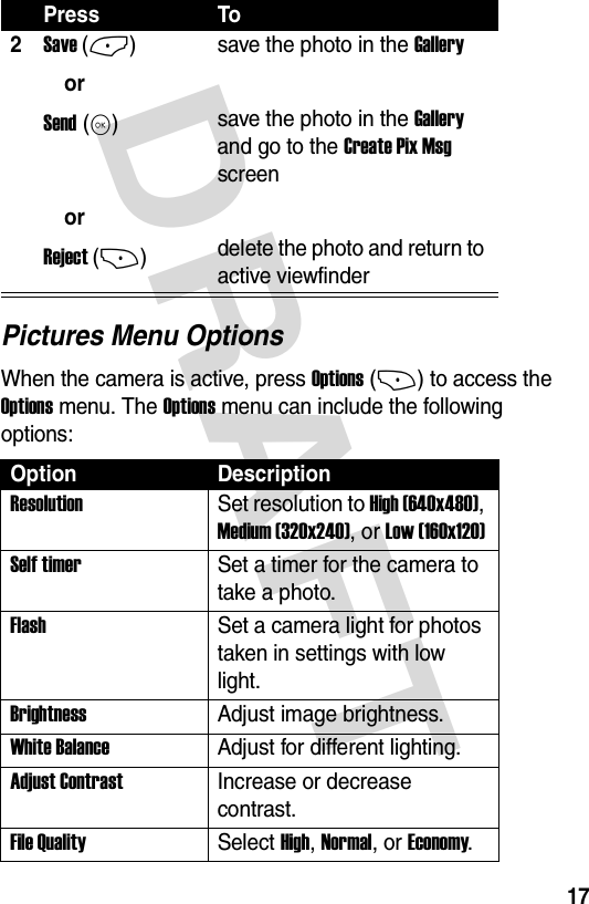 DRAFT 17Pictures Menu OptionsWhen the camera is active, press Options (+) to access the Options menu. The Options menu can include the following options:2Save (-)orSend (K)  orReject (+)save the photo in the Gallerysave the photo in the Gallery and go to the Create Pix Msg screendelete the photo and return to active viewfinderOption DescriptionResolutionSet resolution to High (640x480), Medium (320x240), or Low (160x120)Self timerSet a timer for the camera to take a photo.Flash Set a camera light for photos taken in settings with low light.Brightness Adjust image brightness.White BalanceAdjust for different lighting.Adjust ContrastIncrease or decrease contrast.File QualitySelect High, Normal, or Economy.Press To