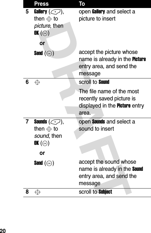 DRAFT 205Gallery (-), then S to picture, then OK (K)orSend (K) open Gallery and select a picture to insert  accept the picture whose name is already in the Picture entry area, and send the message6Sscroll to SoundThe file name of the most recently saved picture is displayed in the Picture entry area.7Sounds (-), then S to sound, then OK (K)orSend (K) open Sounds and select a sound to insert  accept the sound whose name is already in the Sound entry area, and send the message8S scroll to SubjectPress To