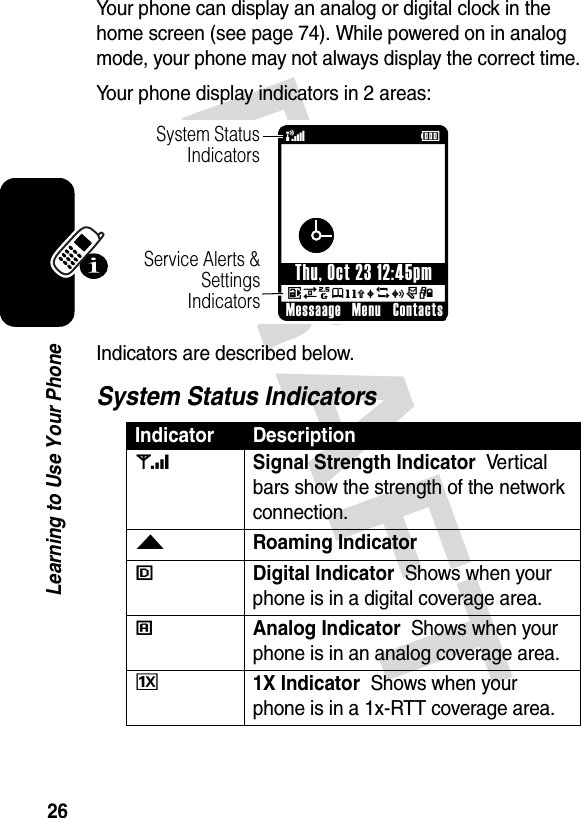 DRAFT 26Learning to Use Your PhoneYour phone can display an analog or digital clock in the home screen (see page 74). While powered on in analog mode, your phone may not always display the correct time.Your phone display indicators in 2 areas:Indicators are described below.System Status IndicatorsIndicator Description1Signal Strength Indicator  Ver tical bars show the strength of the network connection.2Roaming Indicator  3Digital Indicator  Shows when your phone is in a digital coverage area. 4Analog Indicator  Shows when your phone is in an analog coverage area. I1X Indicator  Shows when your phone is in a 1x-RTT coverage area.  (678eghu5wr4ÉSystem Status IndicatorsService Alerts &amp; Settings IndicatorsMessaage ContactsMenuThu, Oct 23 12:45pm