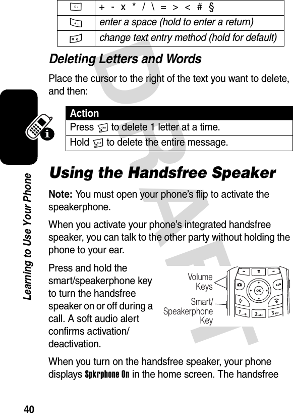 DRAFT 40Learning to Use Your PhoneDeleting Letters and WordsPlace the cursor to the right of the text you want to delete, and then:Using the Handsfree SpeakerNote: You must open your phone’s flip to activate the speakerphone.When you activate your phone’s integrated handsfree speaker, you can talk to the other party without holding the phone to your ear.Press and hold the smart/speakerphone key to turn the handsfree speaker on or off during a call. A soft audio alert confirms activation/deactivation.When you turn on the handsfree speaker, your phone displays Spkrphone On in the home screen. The handsfree 0  + - x * / \ = &gt; &lt; # §* enter a space (hold to enter a return) # change text entry method (hold for default) ActionPress C to delete 1 letter at a time.Hold C to delete the entire message.VolumeKeysSmart/SpeakerphoneKey