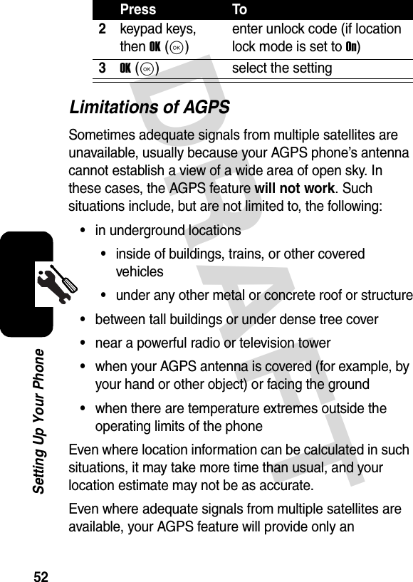 DRAFT 52Setting Up Your PhoneLimitations of AGPS Sometimes adequate signals from multiple satellites are unavailable, usually because your AGPS phone’s antenna cannot establish a view of a wide area of open sky. In these cases, the AGPS feature will not work. Such situations include, but are not limited to, the following: •in underground locations•inside of buildings, trains, or other covered vehicles•under any other metal or concrete roof or structure•between tall buildings or under dense tree cover•near a powerful radio or television tower•when your AGPS antenna is covered (for example, by your hand or other object) or facing the ground•when there are temperature extremes outside the operating limits of the phoneEven where location information can be calculated in such situations, it may take more time than usual, and your location estimate may not be as accurate.Even where adequate signals from multiple satellites are available, your AGPS feature will provide only an 2keypad keys, then OK (K)enter unlock code (if location lock mode is set to On)3OK (K)select the settingPress To