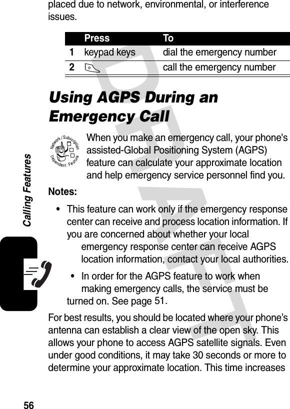 DRAFT56Calling Featuresplaced due to network, environmental, or interference issues.Using AGPS During an Emergency CallWhen you make an emergency call, your phone&apos;s assisted-Global Positioning System (AGPS) feature can calculate your approximate location and help emergency service personnel find you. Notes: •This feature can work only if the emergency response center can receive and process location information. If you are concerned about whether your local emergency response center can receive AGPS location information, contact your local authorities.•In order for the AGPS feature to work when making emergency calls, the service must be turned on. See page 51.For best results, you should be located where your phone’s antenna can establish a clear view of the open sky. This allows your phone to access AGPS satellite signals. Even under good conditions, it may take 30 seconds or more to determine your approximate location. This time increases Press To1keypad keys dial the emergency number2N call the emergency number032380o