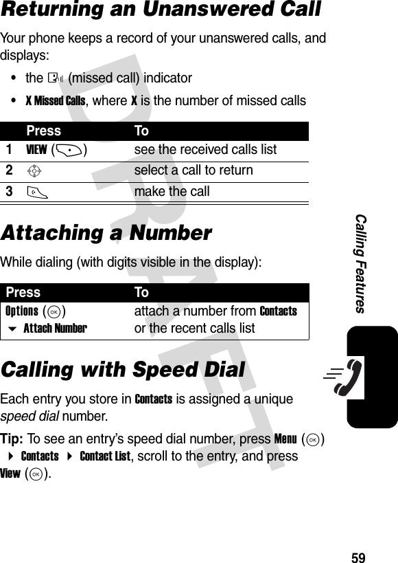 DRAFT59Calling FeaturesReturning an Unanswered CallYour phone keeps a record of your unanswered calls, and displays:•the T (missed call) indicator•X Missed Calls, where X is the number of missed callsAttaching a NumberWhile dialing (with digits visible in the display):Calling with Speed DialEach entry you store in Contacts is assigned a unique speed dial number.Tip: To see an entry’s speed dial number, press Menu (K)   Contacts  Contact List, scroll to the entry, and press View (K).Press To1VIEW (+)see the received calls list2S select a call to return3N make the callPress ToOptions (K)  Attach Numberattach a number from Contacts or the recent calls list