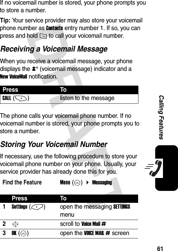 DRAFT61Calling FeaturesIf no voicemail number is stored, your phone prompts you to store a number.Tip: Your service provider may also store your voicemail phone number as Contacts entry number 1. If so, you can press and hold 1 to call your voicemail number.Receiving a Voicemail MessageWhen you receive a voicemail message, your phone displays the y (voicemail message) indicator and a New VoiceMail notification.The phone calls your voicemail phone number. If no voicemail number is stored, your phone prompts you to store a number.Storing Your Voicemail NumberIf necessary, use the following procedure to store your voicemail phone number on your phone. Usually, your service provider has already done this for you.Press ToCALL (+)listen to the messageFind the FeatureMenu (K)  MessagingPress To1Settings (-)open the messaging SETTINGS menu2Sscroll to Voice Mail #3OK (K)open the VOICE MAIL # screen