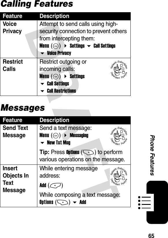 65Phone FeaturesDRAFTCalling FeaturesMessagesFeature DescriptionVoice PrivacyAttempt to send calls using high-security connection to prevent others from intercepting them: Menu (K)  Settings  Call Settings  Voice PrivacyRestrict CallsRestrict outgoing or incoming calls: Menu (K)  Settings  Call Settings  Call RestrictionsFeature DescriptionSend Text Message Send a text message: Menu (K)  Messaging  New Txt MsgTip: Press Options (+) to perform various operations on the message.Insert Objects In Text MessageWhile entering message address:Add (-)While composing a text message: Options (+)  Add032380o032380o032380o