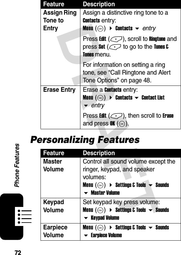 7272Phone FeaturesDRAFTPersonalizing FeaturesAssign Ring Tone to Entry Assign a distinctive ring tone to a Contacts entry: Menu (K)  Contacts  entryPress Edit (-), scroll to Ringtone and press Set (- to go to the Tunes &amp; Tones menu. For information on setting a ring tone, see “Call Ringtone and Alert Tone Options” on page 48.Erase Entry Erase a Contacts entry: Menu (K)  Contacts  Contact List  entryPress Edit (-), then scroll to Erase and press OK (K).Feature DescriptionMaster Volume Control all sound volume except the ringer, keypad, and speaker volumes: Menu (K)  Settings &amp; Tools  Sounds  Master VolumeKeypad Volume Set keypad key press volume: Menu (K)  Settings &amp; Tools  Sounds  Keypad VolumeEarpiece VolumeMenu (K)  Settings &amp; Tools  Sounds  Earpiece VolumeFeature Description