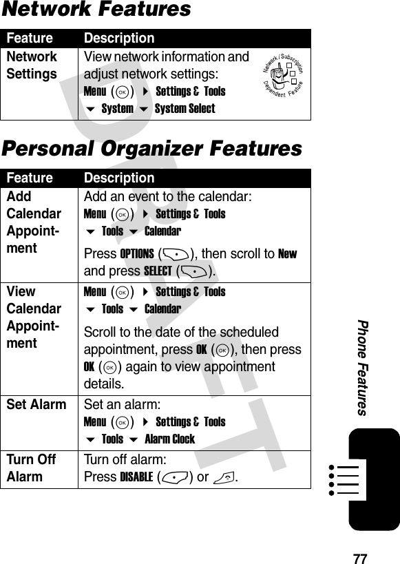 77Phone FeaturesDRAFTNetwork FeaturesPersonal Organizer FeaturesFeature DescriptionNetwork Settings View network information and adjust network settings: Menu (K)  Settings &amp;  Tools  System  System SelectFeature DescriptionAdd Calendar Appoint-ment Add an event to the calendar: Menu (K)  Settings &amp;  Tools  Tools  CalendarPress OPTIONS (+), then scroll to New and press SELECT (+).View Calendar Appoint-ment Menu (K)  Settings &amp;  Tools  Tools  CalendarScroll to the date of the scheduled appointment, press OK (K), then press OK (K) again to view appointment details.Set Alarm Set an alarm: Menu (K)  Settings &amp;  Tools  Tools  Alarm ClockTurn Off Alarm Turn off alarm: Press DISABLE (-) or O.032380o