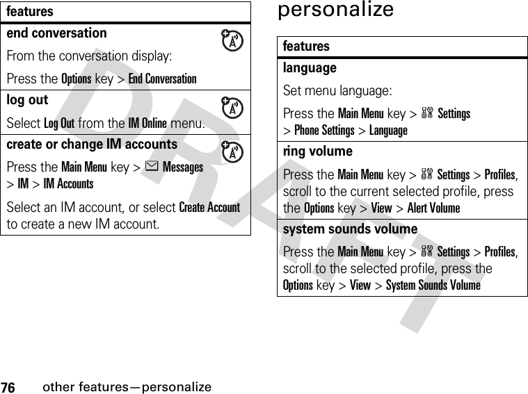 76other features—personalizepersonalizeend conversationFrom the conversation display:Press the Options key &gt;End Conversationlog outSelect Log Out from the IM Online menu.create or change IM accountsPress the Main Menu key &gt;eMessages &gt;IM &gt;IM AccountsSelect an IM account, or select Create Account to create a new IM account.featuresfeatureslanguageSet menu language:Press the Main Menu key &gt;wSettings &gt;Phone Settings &gt;Languagering volumePress the Main Menukey &gt;wSettings &gt;Profiles, scroll to the current selected profile, press the Options key &gt;View &gt;Alert Volumesystem sounds volumePress the Main Menukey &gt;wSettings &gt;Profiles, scroll to the selected profile, press the Options key &gt;View &gt;System Sounds Volume