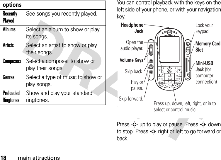 18main attractionsYou can control playback with the keys on the left side of your phone, or with your navigation key.Press S up to play or pause. Press S down to stop. Press S right or left to go forward or back.Recently PlayedSee songs you recently played.AlbumsSelect an album to show or play its songs.ArtistsSelect an artist to show or play their songs.ComposersSelect a composer to show or play their songs.GenresSelect a type of music to show or play songs.Preloaded RingtonesShow and play your standard ringtones.optionsPress up, down, left, right, or in to select or control music.Volume Keys Mini-USB Jack (for computer connection)Skip forward.Open the audio player.Play or pause.Lock your keypad.Memory Card SlotHeadphone JackSkip back.