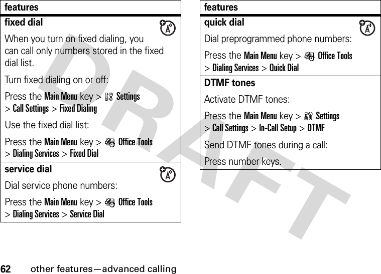 62other features—advanced callingfixed dialWhen you turn on fixed dialing, you can call only numbers stored in the fixed dial list.Turn fixed dialing on or off:Press the Main Menu key &gt;wSettings &gt;Call Settings &gt;Fixed DialingUse the fixed dial list:Press the Main Menu key &gt;ÉOffice Tools &gt;Dialing Services &gt;Fixed Dialservice dialDial service phone numbers:Press the Main Menu key &gt;ÉOffice Tools &gt;Dialing Services &gt;Service Dialfeaturesquick dialDial preprogrammed phone numbers:Press the Main Menu key &gt;ÉOffice Tools &gt;Dialing Services &gt;Quick DialDTMF tonesActivate DTMF tones:Press the Main Menu key &gt;wSettings &gt;Call Settings &gt;In-Call Setup &gt;DTMFSend DTMF tones during a call:Press number keys.features