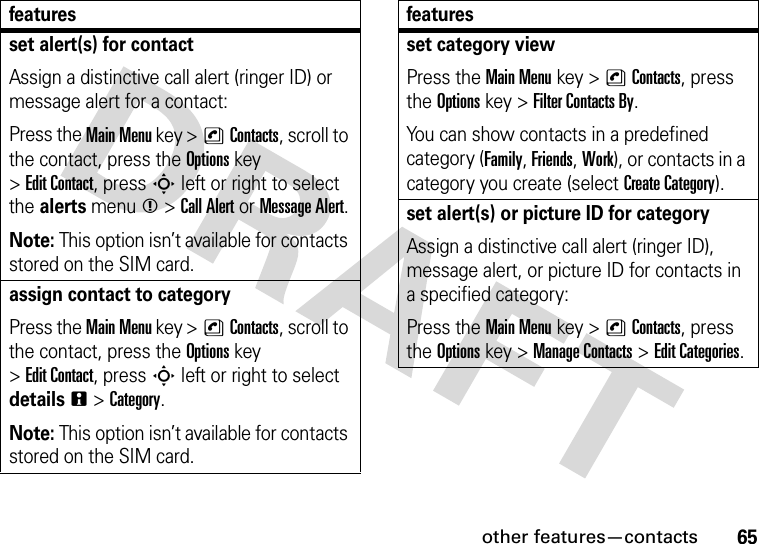 other features—contacts65set alert(s) for contactAssign a distinctive call alert (ringer ID) or message alert for a contact:Press the Main Menu key &gt;nContacts, scroll to the contact, press the Options key &gt;Edit Contact, press S left or right to select the alerts menum &gt;Call Alert or Message Alert.Note: This option isn’t available for contacts stored on the SIM card.assign contact to categoryPress the Main Menu key &gt;nContacts, scroll to the contact, press the Options key &gt;Edit Contact, press S left or right to select detailsn &gt;Category.Note: This option isn’t available for contacts stored on the SIM card.featuresset category viewPress the Main Menu key &gt;nContacts, press the Options key &gt;Filter Contacts By.You can show contacts in a predefined category (Family, Friends, Work), or contacts in a category you create (select Create Category).set alert(s) or picture ID for categoryAssign a distinctive call alert (ringer ID), message alert, or picture ID for contacts in a specified category:Press the Main Menu key &gt;nContacts, press the Options key &gt;Manage Contacts &gt;Edit Categories.features