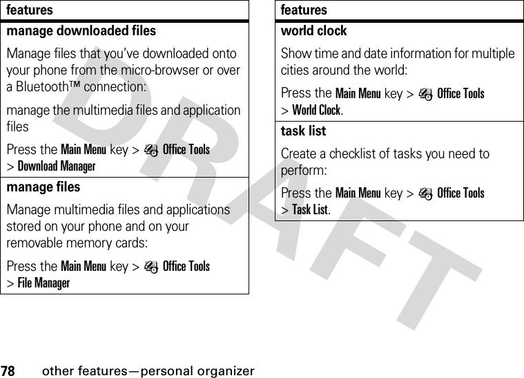 78other features—personal organizermanage downloaded filesManage files that you’ve downloaded onto your phone from the micro-browser or over a Bluetooth™ connection:manage the multimedia files and application filesPress the Main Menu key &gt;ÉOffice Tools &gt;Download Managermanage filesManage multimedia files and applications stored on your phone and on your removable memory cards:Press the Main Menu key &gt;ÉOffice Tools &gt;File Managerfeaturesworld clockShow time and date information for multiple cities around the world:Press the Main Menu key &gt;ÉOffice Tools &gt;World Clock.task listCreate a checklist of tasks you need to perform:Press the Main Menu key &gt;ÉOffice Tools &gt;Task List.features