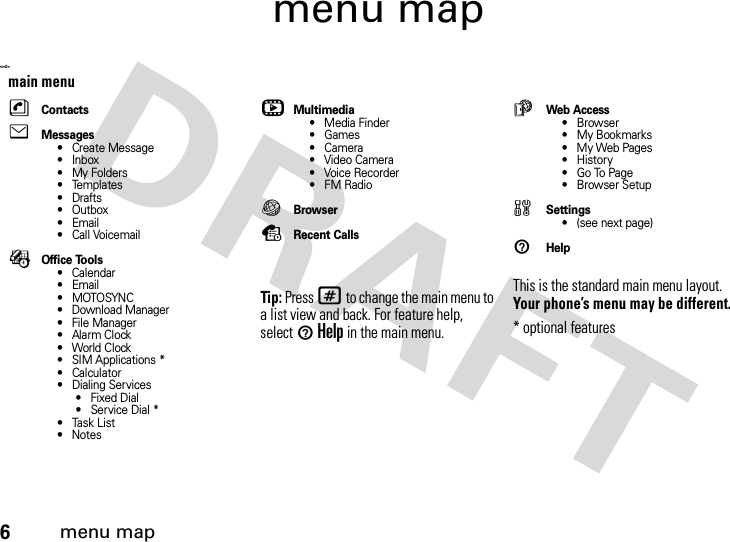 6menu mapmenu map&lt;=0&gt;main menunContactseMessages• Create Message• Inbox• My Folders• Templates•Drafts• Outbox•Email• Call VoicemailÉOffice Tools• Calendar•Email•MOTOSYNC• Download Manager• File Manager•AlarmClock• World Clock• SIM Applications *•Calculator• Dialing Services• Fixed Dial• Service Dial *•TaskList• NoteshMultimedia• Media Finder•Games•Camera• Video Camera• Voice Recorder•FM RadioVBrowsersRecent CallsTip: Press # to change the main menu to a list view and back. For feature help, select 1Help in the main menu.áWeb Access•Browser•My Bookmarks• My Web Pages•History• Go To Page•Browser Setupw Settings• (see next page)1HelpThis is the standard main menu layout. Your phone’s menu may be different.* optional features