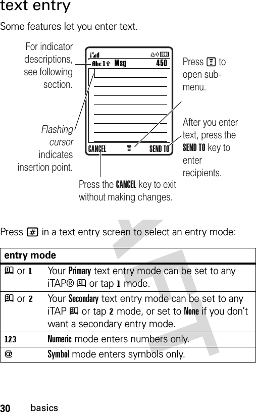 30basicstext entrySome features let you enter text.Press # in a text entry screen to select an entry mode:entry modej or gYo ur  Primary text entry mode can be set to any iTAP® j or tap g mode.p or mYo ur  Secondary text entry mode can be set to any iTAP p or tap m mode, or set to None if you don’t want a secondary entry mode.WNumeric mode enters numbers only.[Symbol mode enters symbols only.MMsg 450Vh For indicator descriptions, see following section.Flashing cursor indicates insertion point.After you enter text, press the SEND TO key to enter recipients.Press M to open sub-menu.Press the CANCEL key to exit without making changes.CANCEL SEND TO