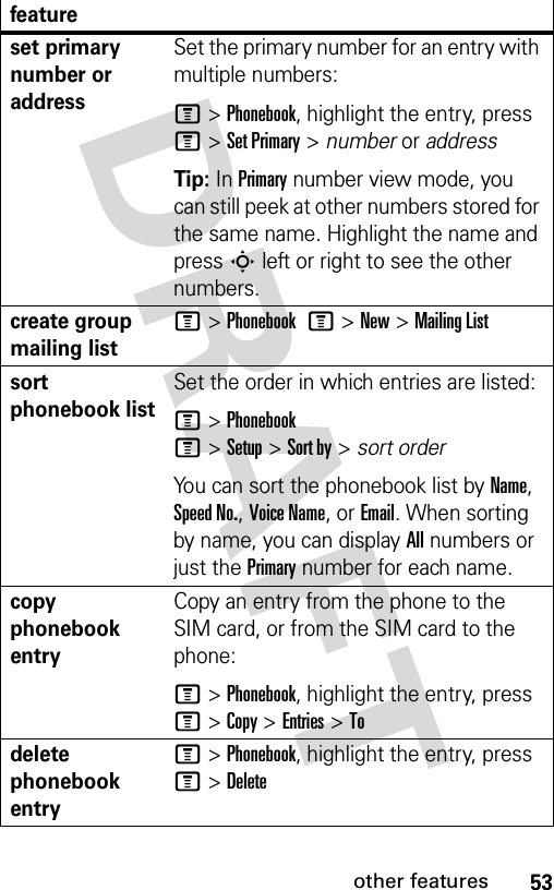 53other featuresset primary number or addressSet the primary number for an entry with multiple numbers:M &gt;Phonebook, highlight the entry, press M &gt;Set Primary &gt; number or addressTip: In Primary number view mode, you can still peek at other numbers stored for the same name. Highlight the name and press S left or right to see the other numbers.create group mailing listM &gt;Phonebook M&gt;New&gt;Mailing Listsort phonebook listSet the order in which entries are listed:M &gt;Phonebook M&gt;Setup&gt;Sort by&gt;sort orderYou can sort the phonebook list by Name, Speed No., Voice Name, or Email. When sorting by name, you can display All numbers or just the Primary number for each name.copy phonebook entryCopy an entry from the phone to the SIM card, or from the SIM card to the phone:M &gt;Phonebook, highlight the entry, press M &gt;Copy &gt;Entries &gt;Todelete phonebook entryM &gt; Phonebook, highlight the entry, press M &gt; Deletefeature