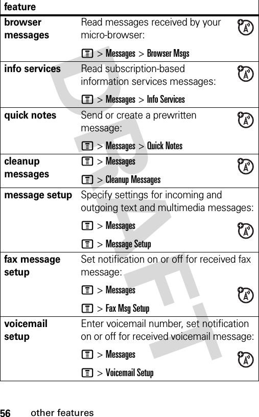 56other featuresbrowser messages Read messages received by your micro-browser:M &gt;Messages &gt;Browser Msgsinfo servicesRead subscription-based information services messages:M &gt;Messages &gt;Info Servicesquick notesSend or create a prewritten message:M &gt;Messages &gt;Quick Notescleanup messagesM &gt;MessagesM &gt; Cleanup Messagesmessage setupSpecify settings for incoming and outgoing text and multimedia messages:M &gt;MessagesM &gt; Message Setupfax message setupSet notification on or off for received fax message:M &gt;MessagesM &gt; Fax Msg Setupvoicemail setupEnter voicemail number, set notification on or off for received voicemail message:M &gt;MessagesM &gt; Voicemail Setupfeature