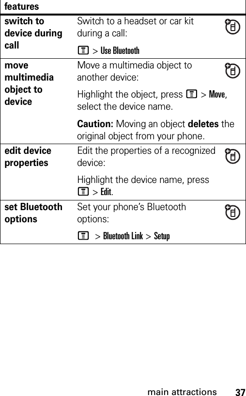 37main attractionsswitch to device during callSwitch to a headset or car kit during a call:M&gt;Use Bluetoothmove multimedia object to deviceMove a multimedia object to another device:Highlight the object, press M&gt;Move, select the device name.Caution: Moving an object deletes the original object from your phone.edit device propertiesEdit the properties of a recognized device:Highlight the device name, press M&gt;Edit.set Bluetooth optionsSet your phone’s Bluetooth options: M &gt;Bluetooth Link &gt;Setupfeatures