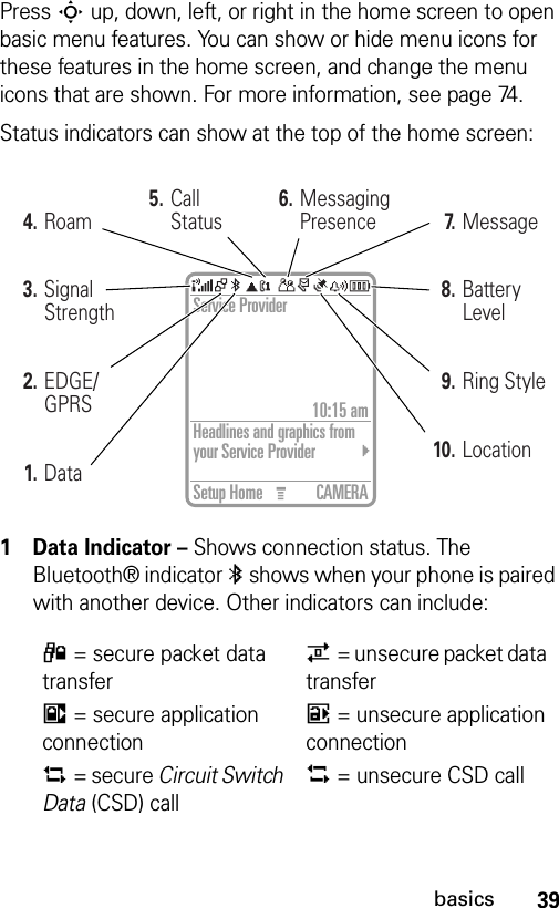 39basicsPress S up, down, left, or right in the home screen to open basic menu features. You can show or hide menu icons for these features in the home screen, and change the menu icons that are shown. For more information, see page 74.Status indicators can show at the top of the home screen: 1Data Indicator – Shows connection status. The Bluetooth® indicator à shows when your phone is paired with another device. Other indicators can include:4= secure packet data transfer7= unsecure packet data transfer3= secure application connection6= unsecure application connection2= secure Circuit Switch Data (CSD) call5= unsecure CSD call3.Signal Strength8.Battery Level2.EDGE/GPRS9.Ring Style1.Data10.Location6.Messaging Presence7.Message4.Roam5.Call StatusService ProviderSetup Home CAMERAHeadlines and graphics from your Service Provider10:15 am